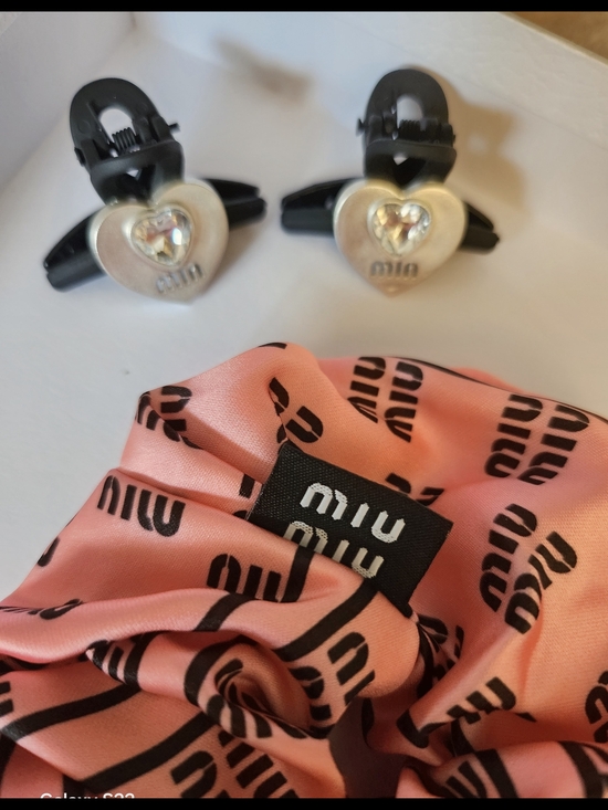 Miu Miu Pink Logo Scruncie with Heart Crystal Clips